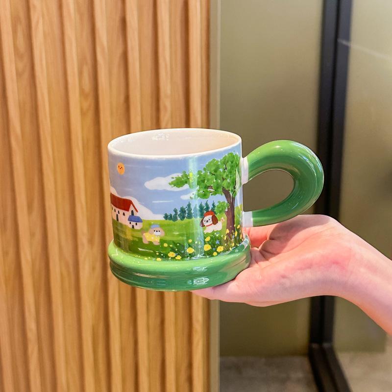 Cute Fairy Tale Puppy Water Cup Couple High Value Ceramic Mug with Lid Spoon Birthday Graduation Gift for Boys and Girls