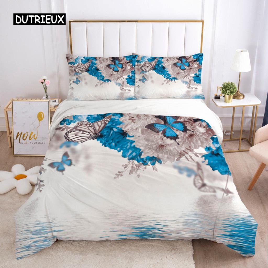 Schmetterlings-Bettbezug-Set, rosa Schmetterlinge, Rosen-Druck, Bettbezug-Set für Mädchen, Teenager, Frauen, Frühlings-Themen-Bettbezug