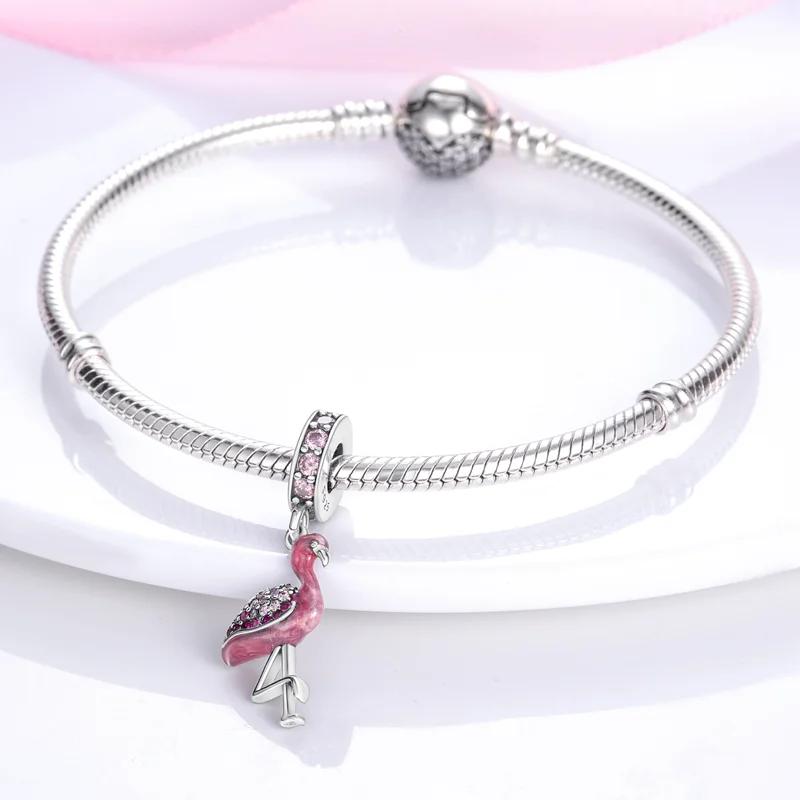 Charm Plata Dreamy Pink Flamingo Animal Bead Fits Genuine Bracelet Charm For Women Jewellery DoItYourself Crafting Beautiful Gift