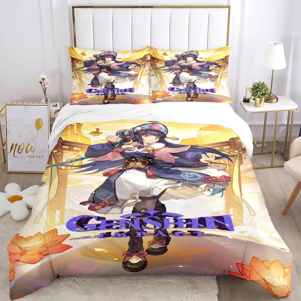 Genshin Impact Print Three Piece Bedding Set Fashion Article Children or Adults for Beds Quilt Covers Pillowcases Bedding Set
