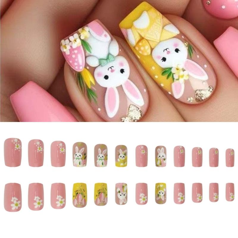Quadratische Press-On-Nägel Falsche Nägel Osterdesigns Kleben auf Nägeln Künstliche Acrylnägel 24 Stück Klebenägel für Damen Mädchen