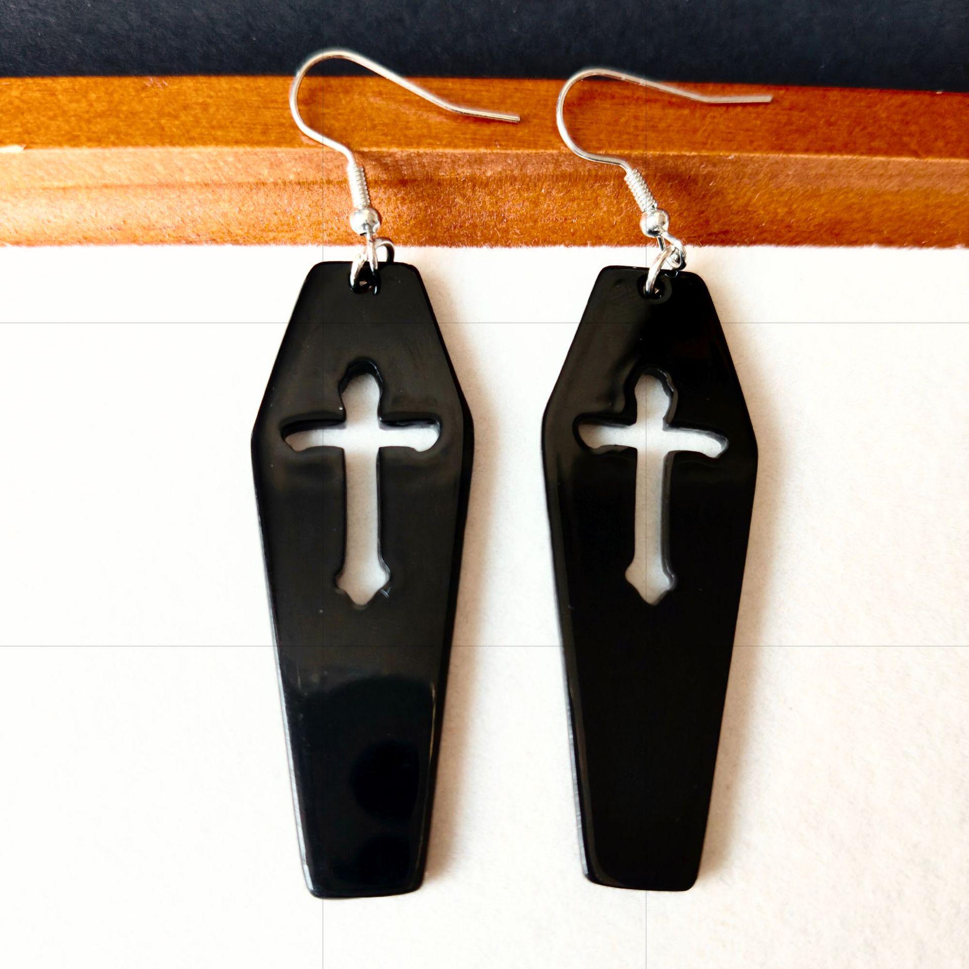 Black Acrylic Skull Cross Gothic Earrings - Halloween Ghost Festival Dangles