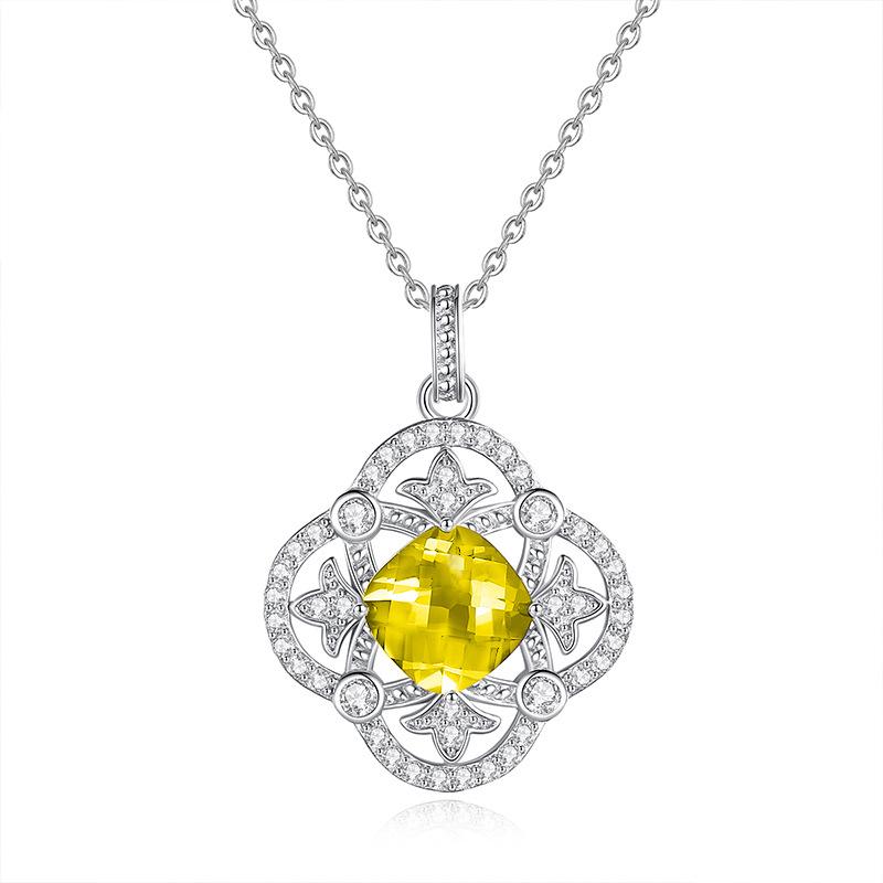 925 Sterling Silver Clover Pendant Necklace for Women, Natural Garnet/Amethyst/Citrine Crystal, Fashion Jewelry