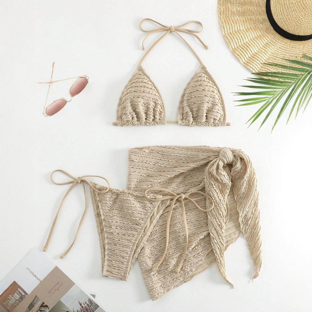 New European And American Swimsuit Bikini Split Swimsuit Solid Color Sexy Bikini Three-Piece Set