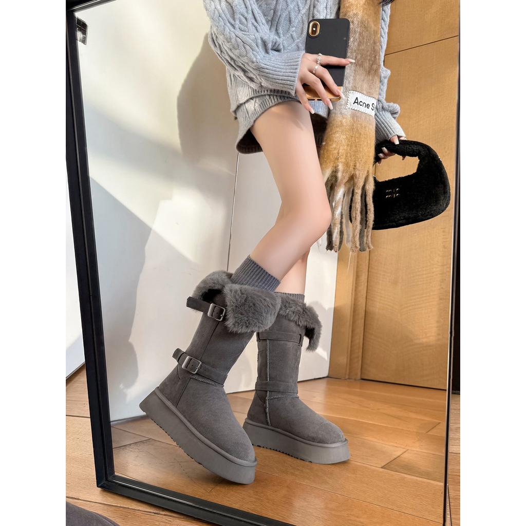 Grey Long Snow Boots Women's Non-slip Warm Thickened Velvet Platform Boots Northeast Snow Cotton Shoes Winter