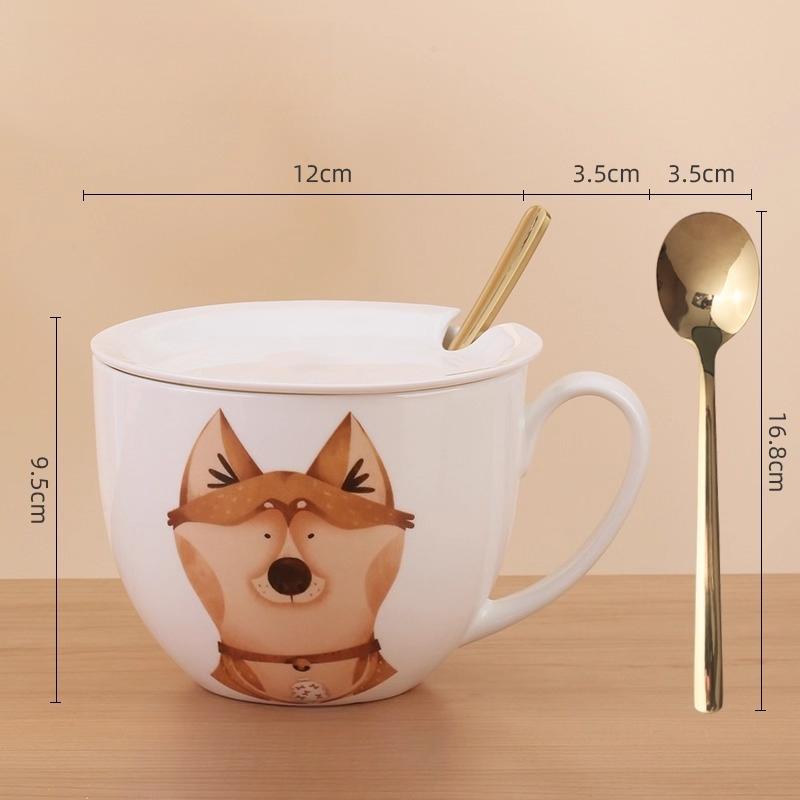 600ml Velkokapacitní keramický hrnek slon s víčkem a lžičkou – Roztomilý zvířecí design Snídaňová miska, Miska na ovesnou kaši, Šálek na kávu