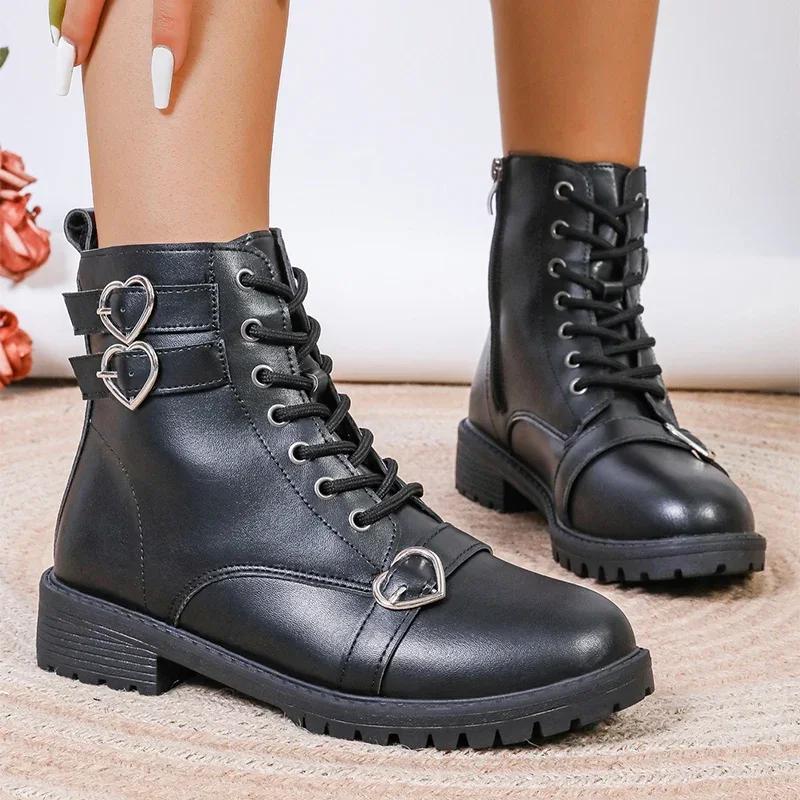Fashion Women's Solid Lace Up Fashion Boots 2024 Autumn Heart Buckle Thick Heel Short Boots Pu Leather Side Zip Square Heel Women Boots