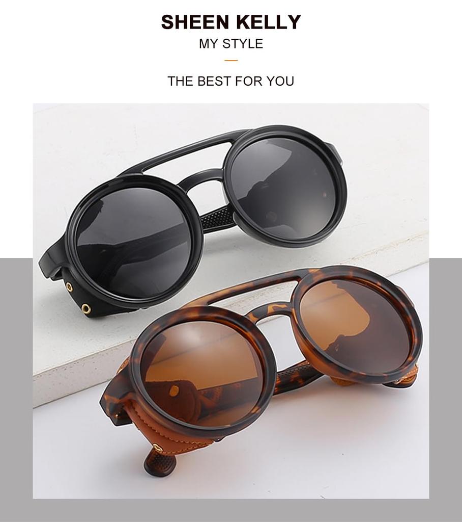 Exclusive Gothic Motorcycle Sunglasses Retro Round Sunglasses Side Shield Retro Steam Punk Glasses for Gentlemen [SHEEN KELLY] [Amazon Brand]
