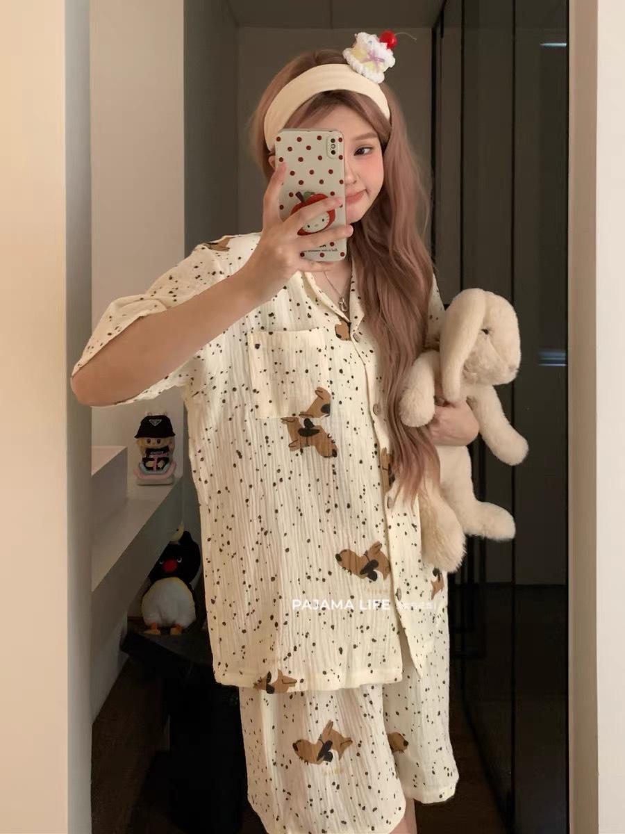 

Internet celebrity soft cute polka dots puppy pajamas women s summer short-sleeved shorts ins suit girls can wear loungewear S