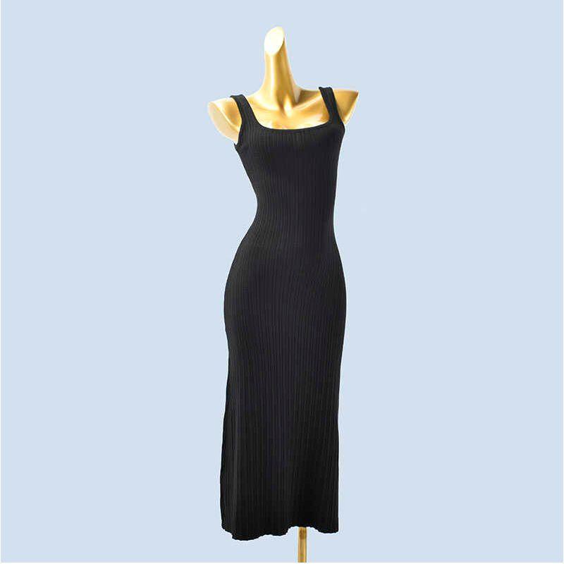 Autumn Pure Desire Style Square Collar Sleeveless Suspender Skirt Mid Length Long Length Dress Women's Silm Knitting Hip-Wrapped Sleeveless Long Skirt