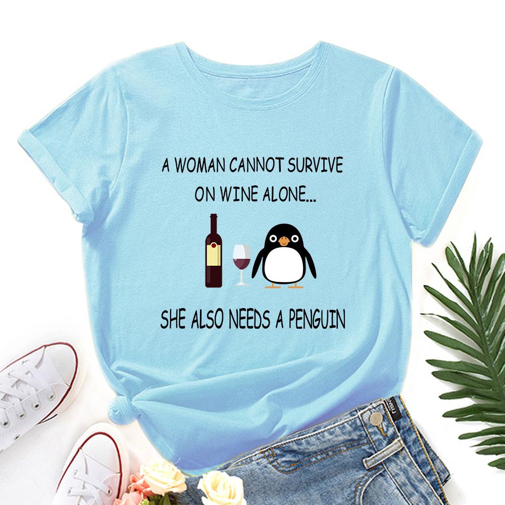 Inspirational Letters Red Wine Penguin Pattern Loose Round Neck Short Sleeved Women's T-shirts