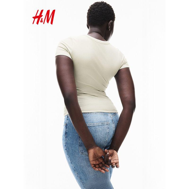 

HM Women clothes 2025 Summer New T-shirt Soft and Comfortable Slim fit Casual Straight round Neck Short sleeve Top 1157799 Rice gray 044 155/80(XS)