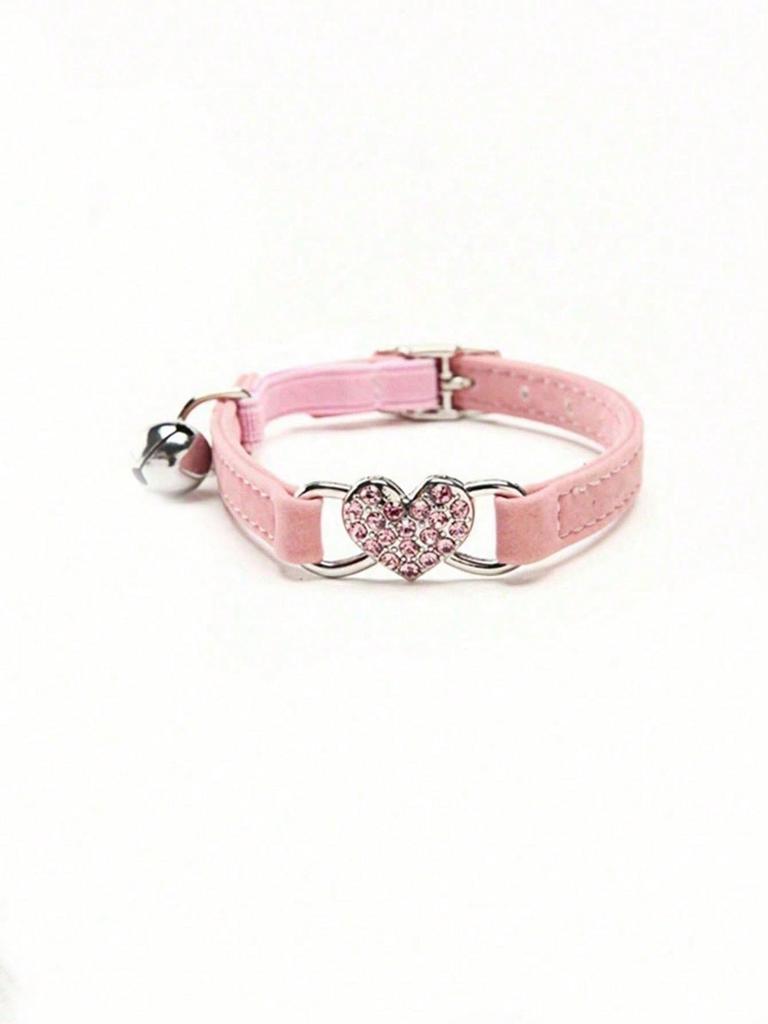 1pc Pet Collar With Rhinestone Heart & Bell Decoration, Cat Collar