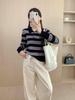 Autumn-Winter Wool Polo Collar Striped Sweater for Women