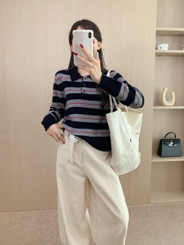 Autumn-Winter Wool Polo Collar Striped Sweater for Women