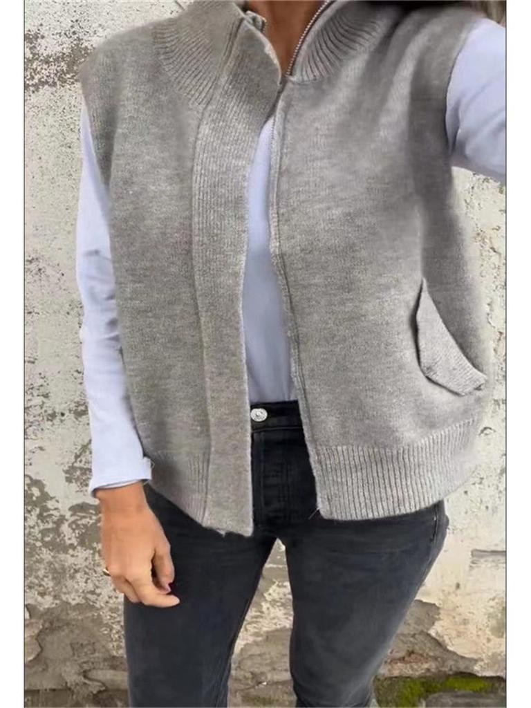 European and American Women's Autumn/Winter Stand Collar Zipper Sweater Vest - Loose Knit Casual Cardigan