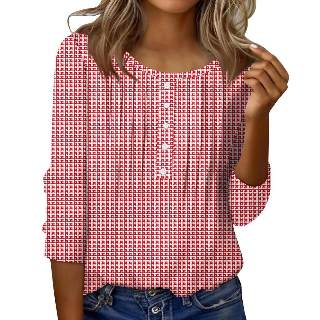 Women's Round Neck Pull Stripe Decorative Button Top Casual Solid Color 3/4 Sleeve T Shirt