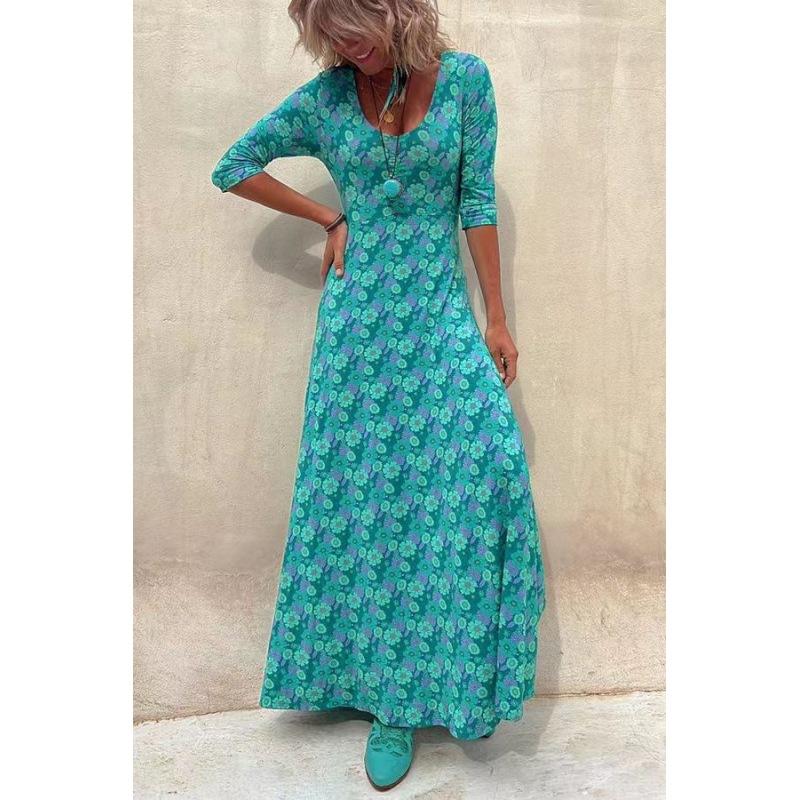 Women s Long Sleeve V Neck Printed Plus Size Dress Clothes Sale S зелёный
