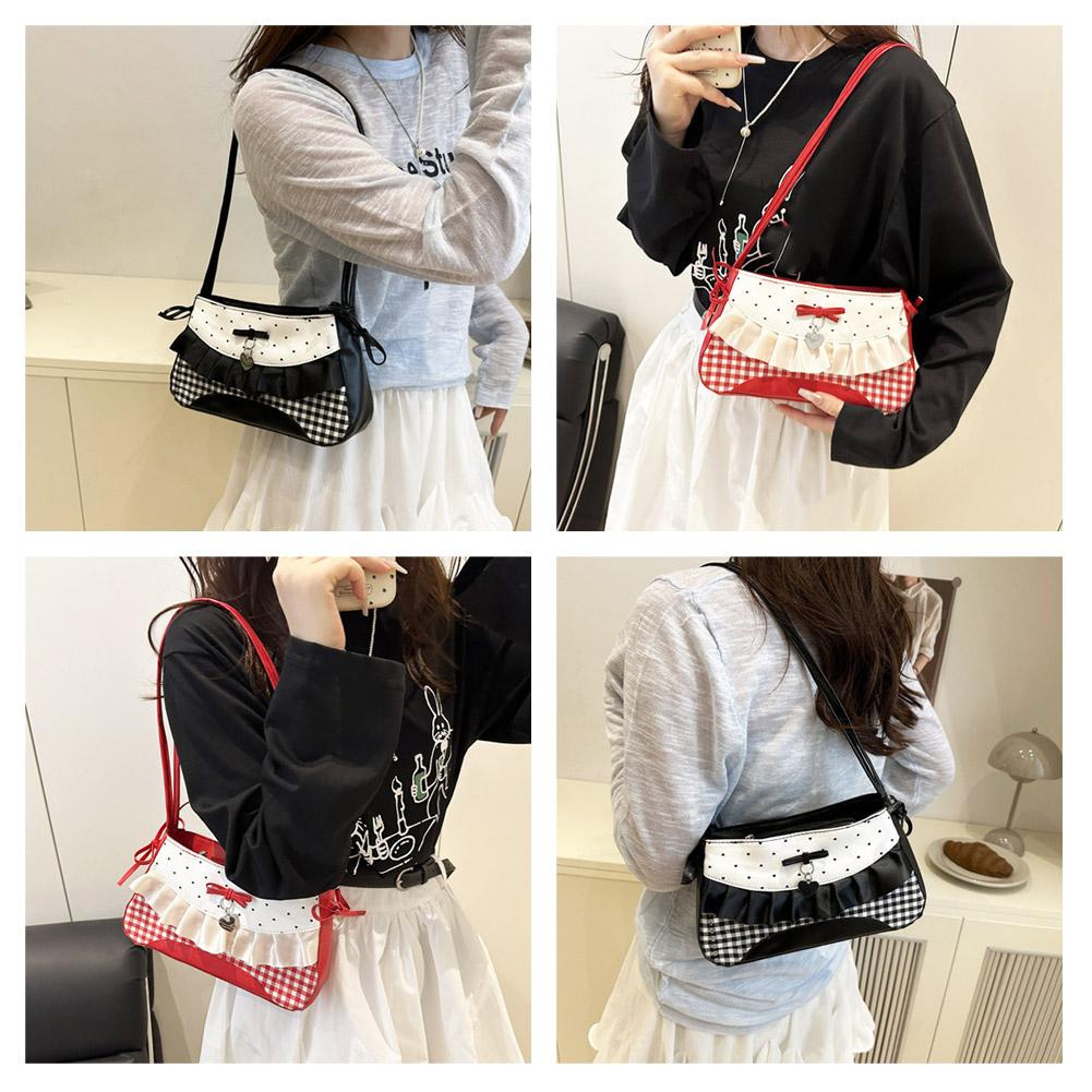 Casual French Lace Bow Shoulder Bag Niche Design Sweet Plaid Women Stylish Tote Purse Lace Ribbon Cloth Underarm Bag