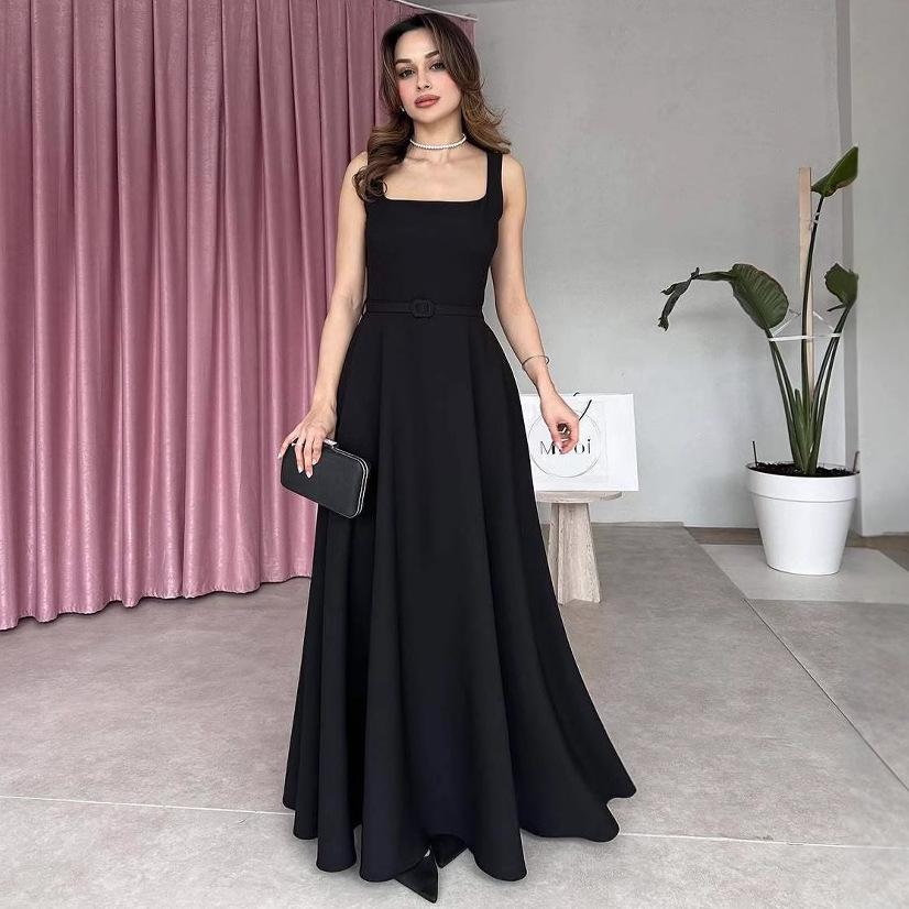 2025 Summer European & American Sleeveless French Low-Cut Belted Long Dress for Women