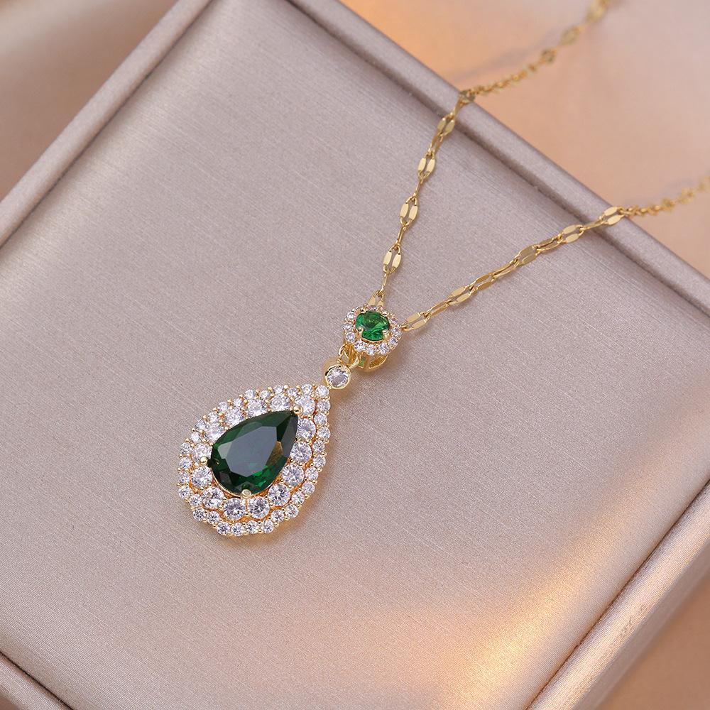 Luxury Female Red Green Square Water Drop Pendant Necklace Vintage Gold Color Wedding Jewelry For Women
