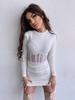 Mesh Waist-Cinching Dress - European & American Style, Spring/Summer Fashion, Round Neck, Sexy Long Sleeve, Ruffled Mini Skirt.