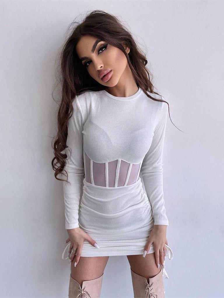 Mesh Waist-Cinching Dress - European & American Style, Spring/Summer Fashion, Round Neck, Sexy Long Sleeve, Ruffled Mini Skirt.