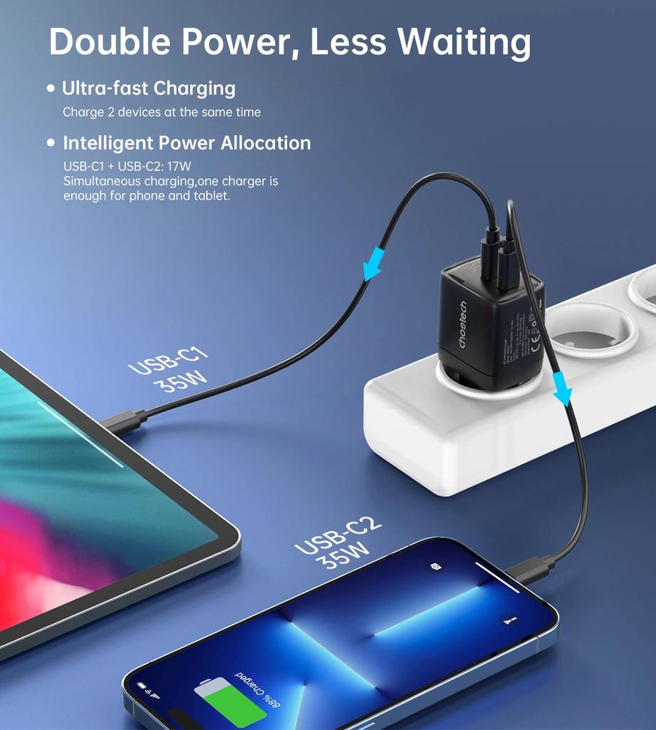 Ładowarka Sieciowa Choetech Pd6051 Usb-C Usb-C Pd 35W Gan Z Wyświetlaczem - Czarna