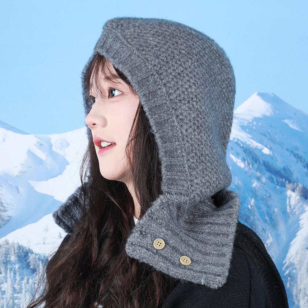 

Корейский нишевый дизайн Шапка-балаклава на пуговицах для женщин Зимой Теплая вязаная шапка с шерстяной защитой ушей Головная шапка One size