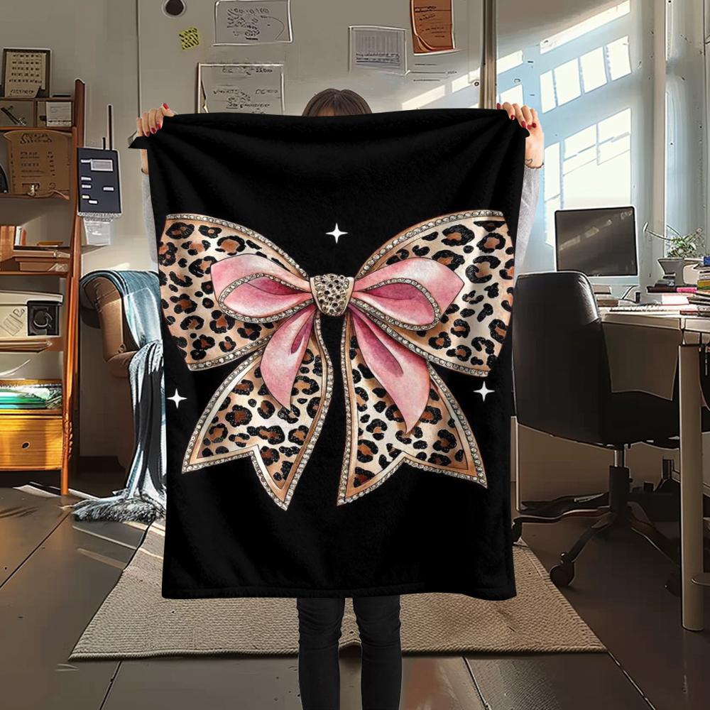 1Pc Leopard Bow Print Flannel Blanket, High quality Comfortable for All Seasons, Home Decor, Warmth and Comfort, Perfect for Gifts