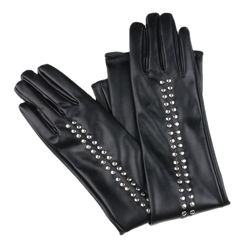 New Women's Leather Gloves Spring and Autumn Personalized Style Rivet Punk Black Sexy Extended Leather Gloves