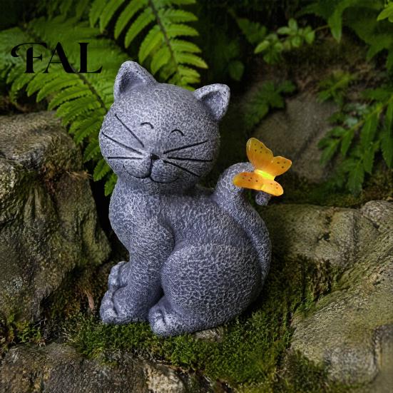 Durable Resin Outdoor Figurine Solar Cat Garden Statue, Cute Sculpture with Butterfly Light, Light Waterproof Animal Statue for Lawn Patio Yard