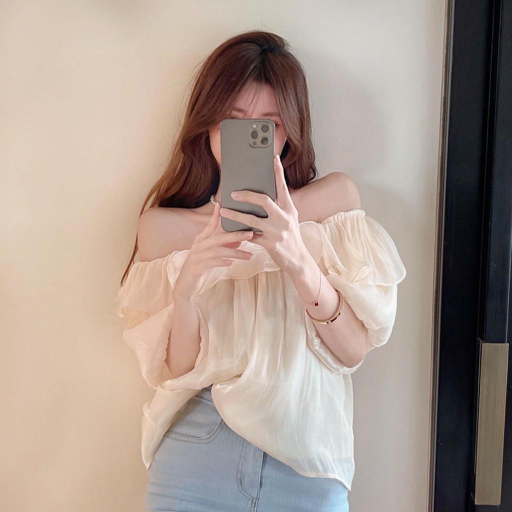 One Shoulder Shirt with A Female Design Sense Niche Top with Ruffled Edges Off Shoulder Chiffon Shirt for Summer