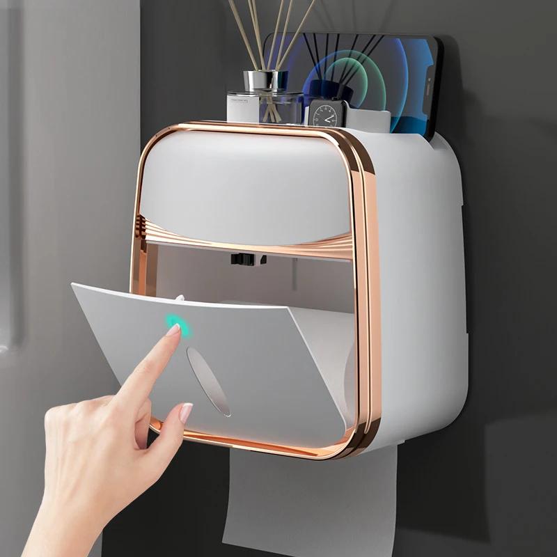 Wall-Mounted Waterproof Toilet Paper Box No-Nail Toilet Tissue Box Free-Punch Tissue Box Toilet Paper Roll Paper Storage Rack