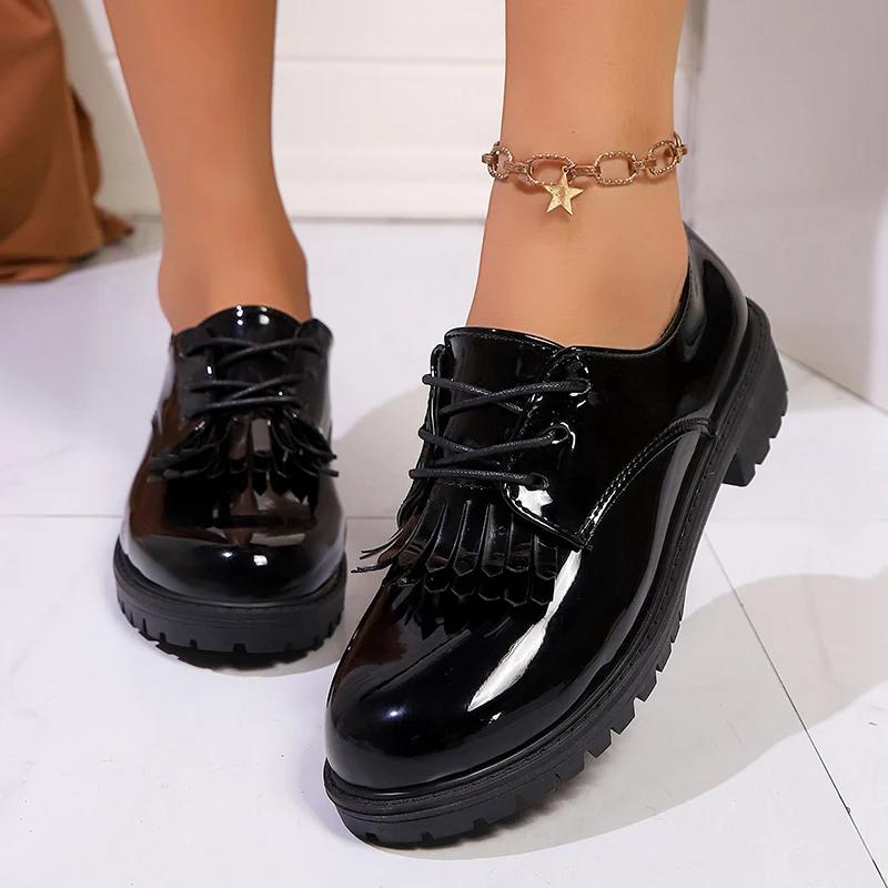 Fashion Patent Leather Low Heels Oxford Shoes for Women Fashion Tassels Decor Dress Shoes Woman Comfy Non Slip Lace Up Office Work Shoes
