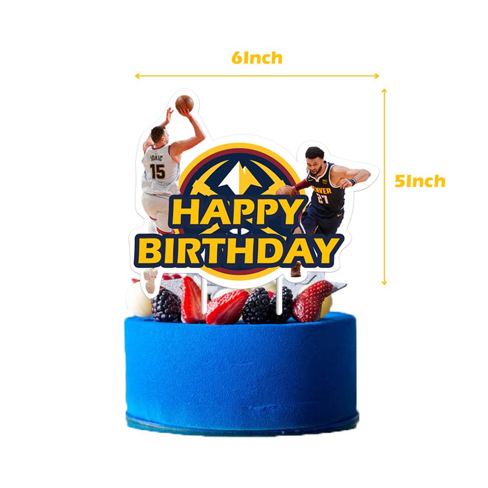 32pcs Denver Nuggets Party Supplies include a Banner, Cake Toppers, Balloons