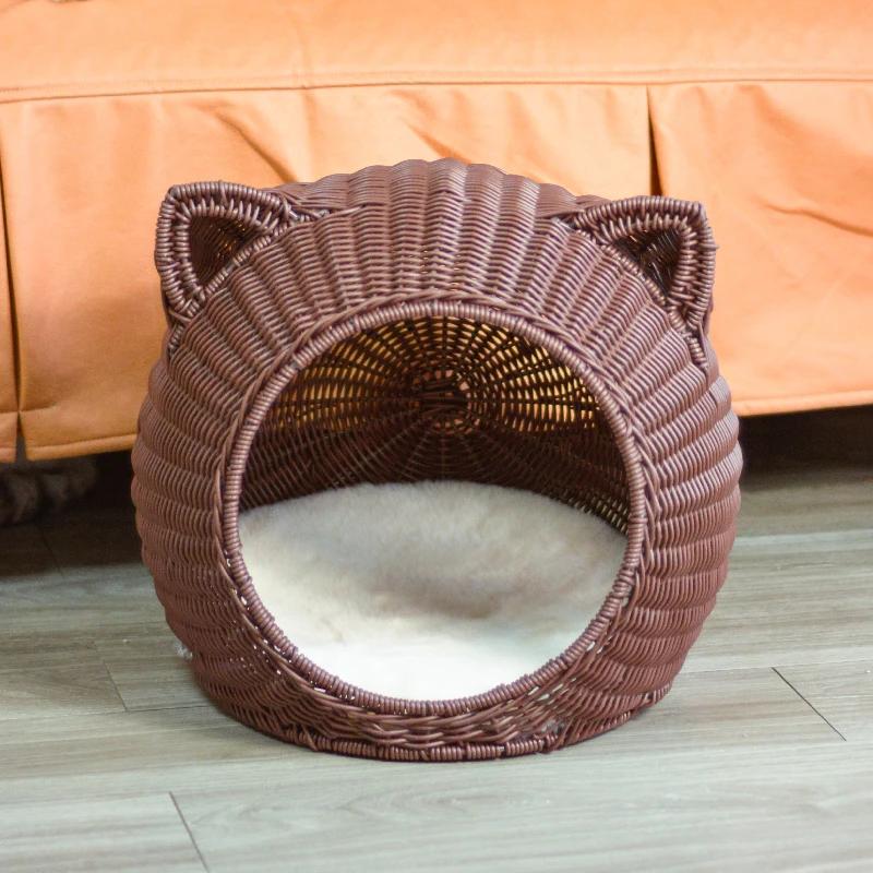

Natural Cattail Kennel for Cats Handmade Weaving Semi-Enclosed Pet House Cool and Breathable Cat Cage Pet Nest L 38x38x38cm