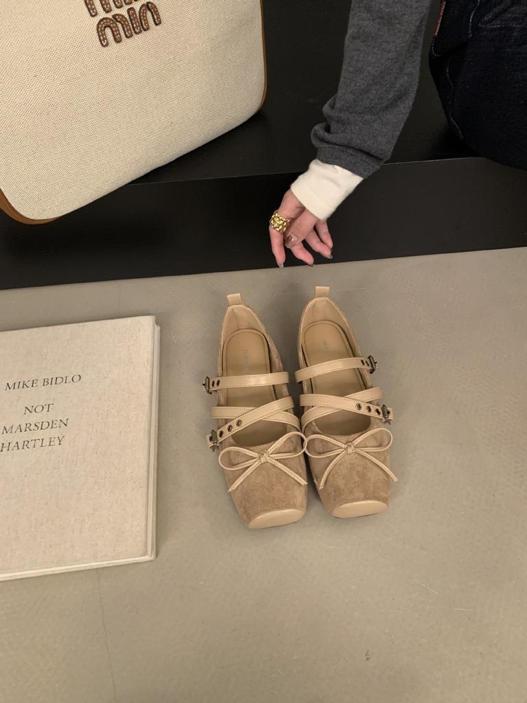 2025 new autumn gentle wind retro square head bow belt buckle shallow mouth single shoe women's soft sole one pedal