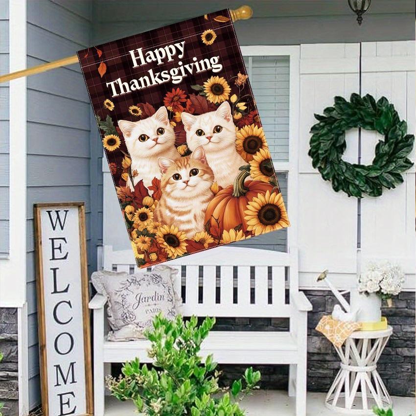 Happy Thanksgiving Garden Flag - Double-Sided Polyester Yard Banner, Outdoor Lawn and Patio Decoration featuring Kittens & Sunflowers, No Electricity