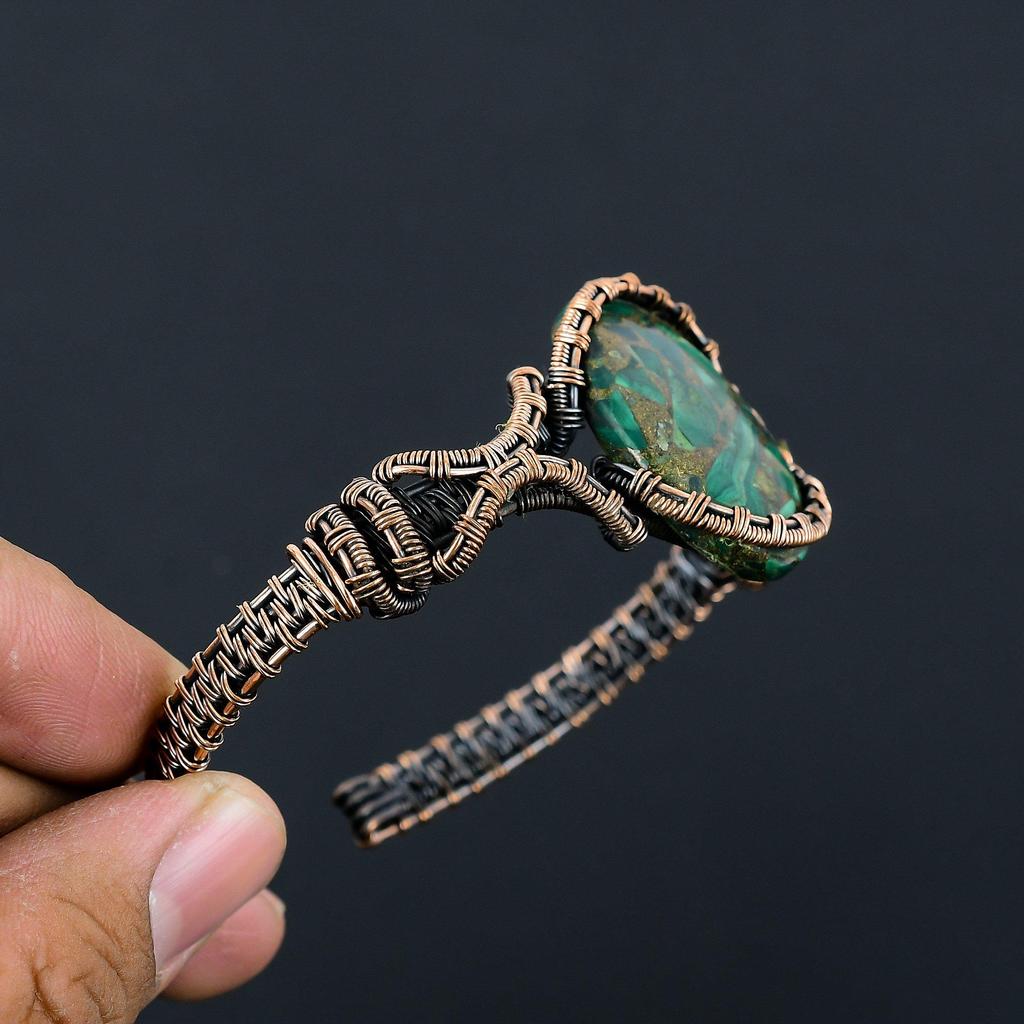 Amazing Copper Malachite Gemstone Handmade Copper Wire Wrap Jewelry Adjustable Cuff