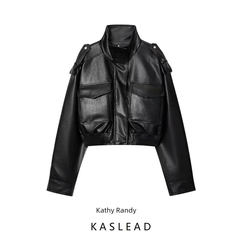 Kaslead New Women clothes Western Style Fashion Turtleneck Imitation Leather Bomber jacket Outerwear 6318250