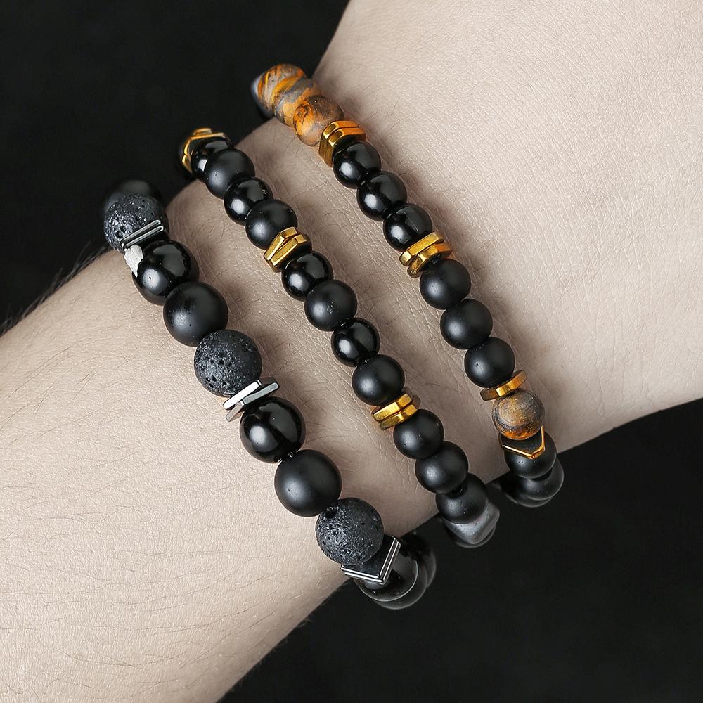 Vintage Schwarzes Mattes Armband Zirkon Krone Diamant Kugel Würfel Löwenkopf Perlenarmband Set