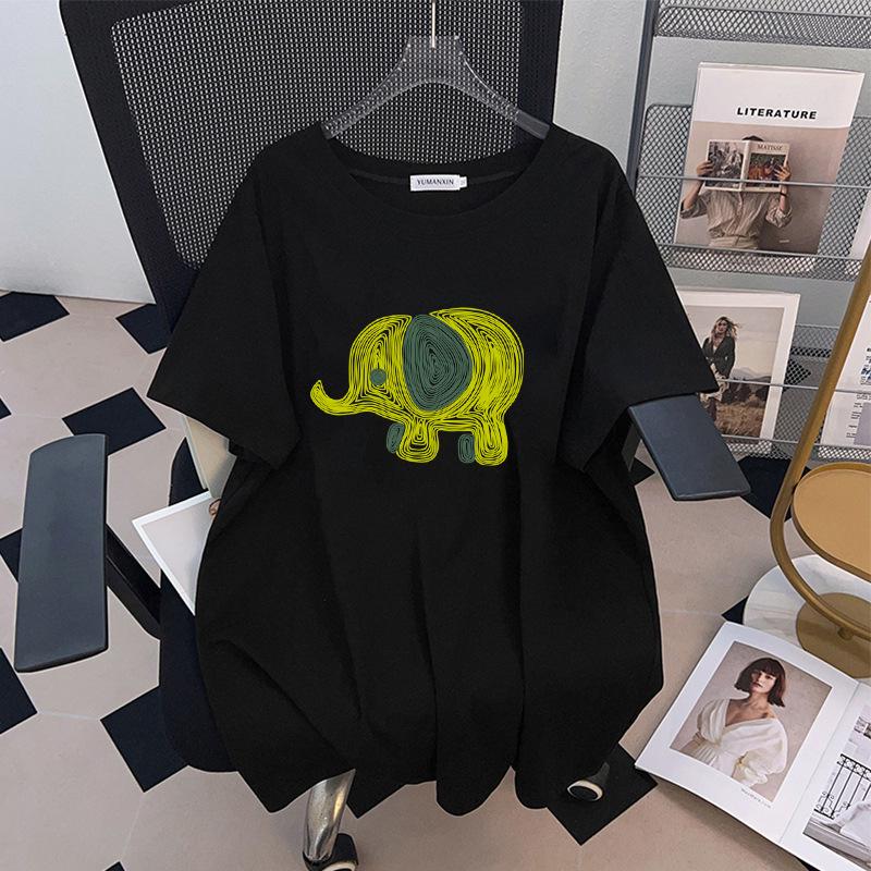 Plus Size Slimming Loose Mid-Length Round Neck Women's T-Shirt, Short-Sleeved (200/300/350 Jin)