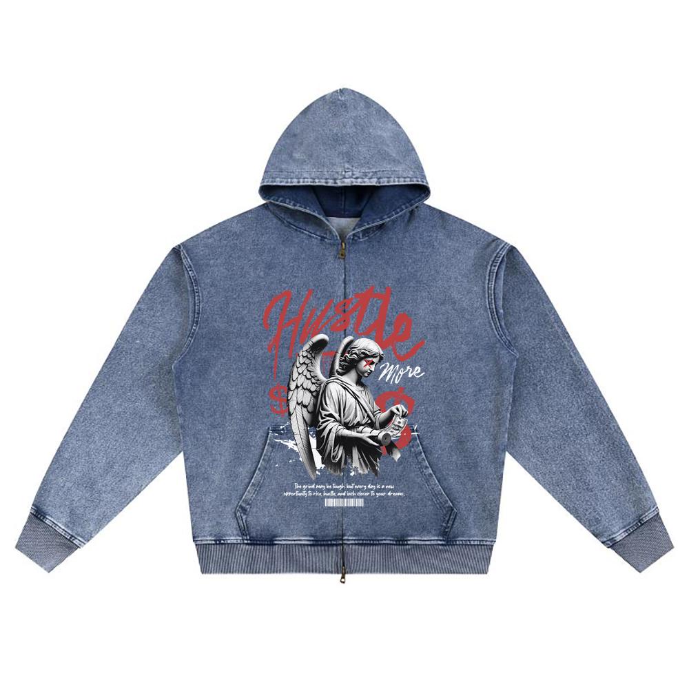 DTG Print Knitted Denim Zip-Up Hoodie Hustle More Brother Print Zipper Hoodies  