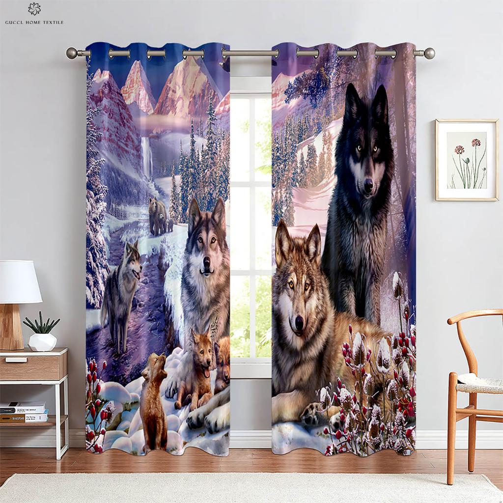 Wolf Under The Starry Sky 3d Printed Curtains For Children's Room, Bedroom, Living Room, Kitchen Curtains 2 Pieces Easy To Wash