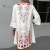 Summer Lady Dress Hollow Out Lace Patchwork Bohemian Three Quarter Sleeves Loose V Neck Printed Pleated Knee Length Vacation Beach Midi Dress