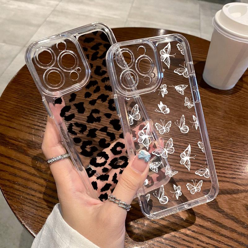 For iPhone 17 16 15 Pro Max Air 14 13 Leopard Print Butterfly Patterned Silicone Soft Phone Case Cover