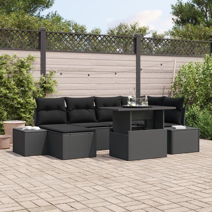 VidaXL Ensemble de canapé de jardin 7 pièces avec coussins en poly rotin noir 3357956