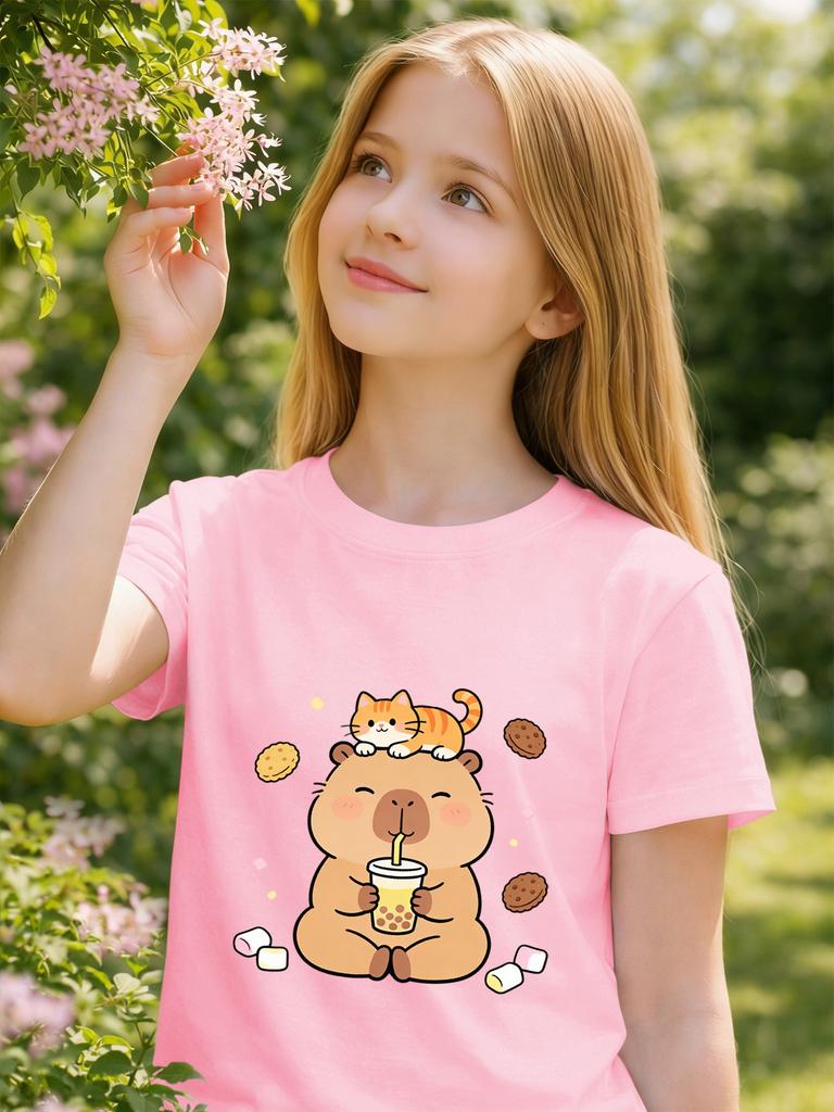 Capybara Kitten Boba Kids Tee Cartoon Animal Print Boys Girls Family Matching Cotton Summer Short Sleeve Basic Children Tshirt