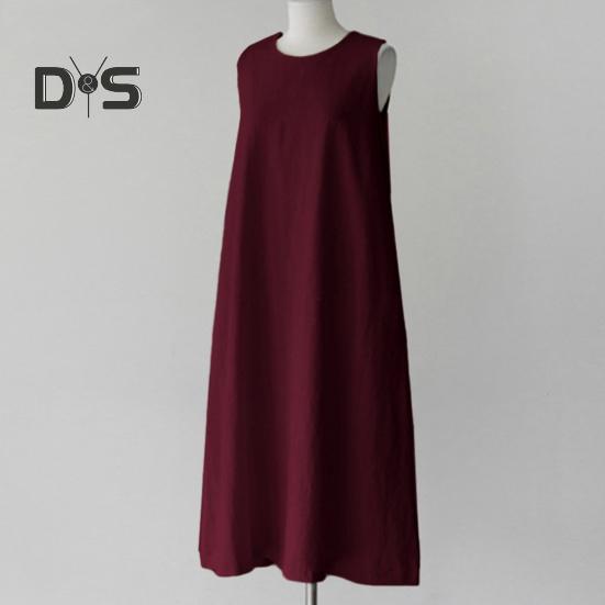 Women Summer Dress O Neck Loose A-line Sleeveless Solid Color Mid-calf Length Soft Breathable Casual Pockets Plus Size Lady Midi Dress
